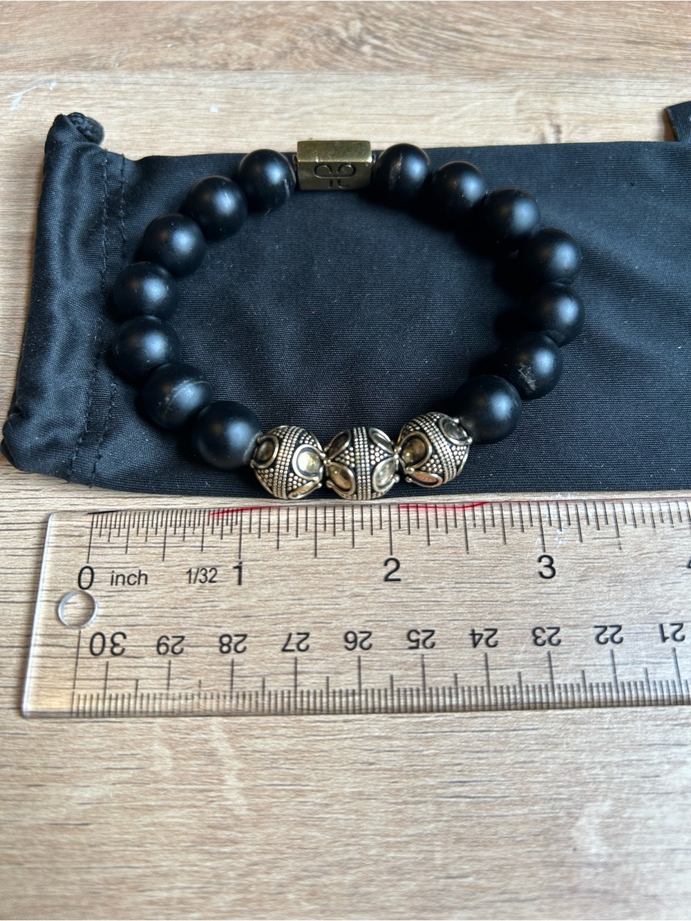 Men’s Matte Black Beaded Bracelet with Ornate 925-Stamped Gold-Tone Accents
